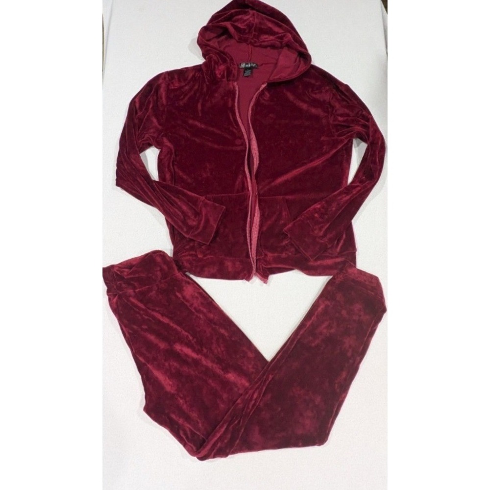 C-Mode Tracksuit Set Womens Large Burgundy Fair Velvet Zip Hoodie Leggings Set